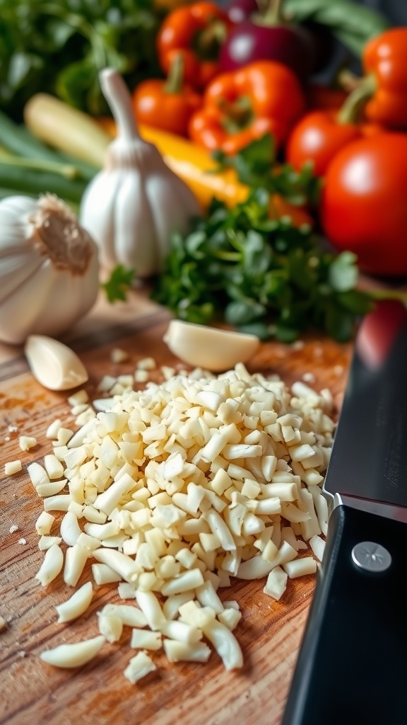 Freshly minced garlic on a cutting board with whole cloves and a knife, surrounded by colorful vegetables.